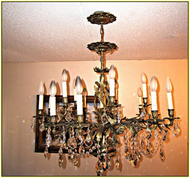 Antique Brass Chandelier With Crystals