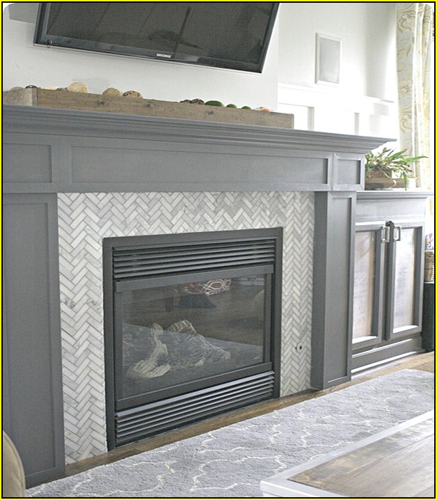 Herringbone Subway Tile Fireplace