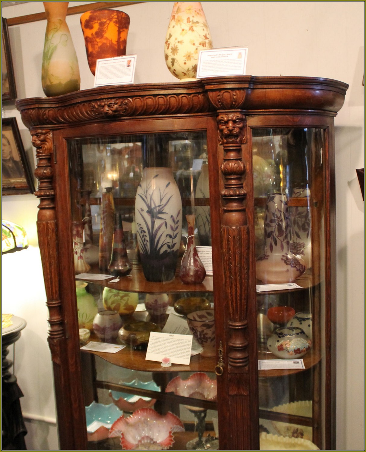 Antique Curio Cabinet With Curved Glass