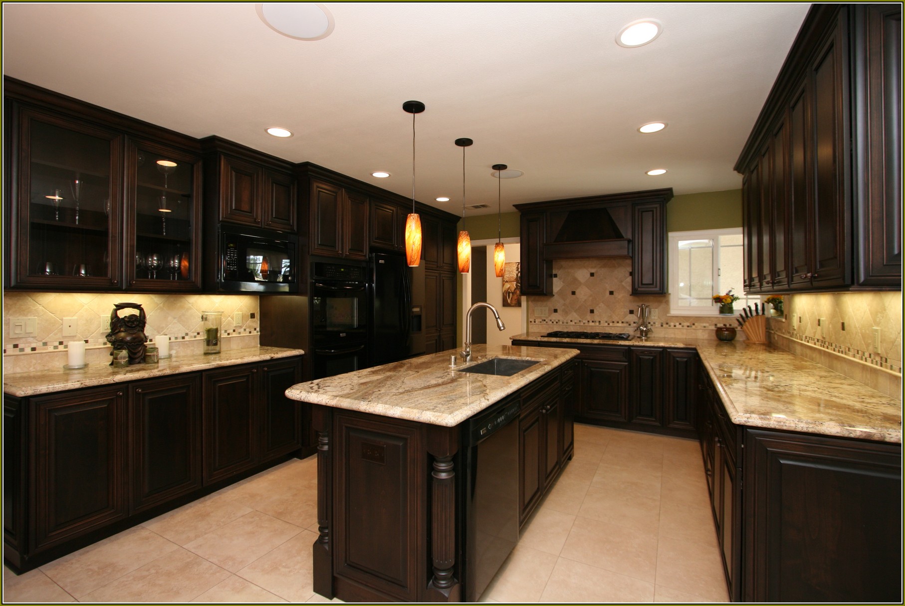 Cherry Wood Kitchen Cabinets With Black Granite