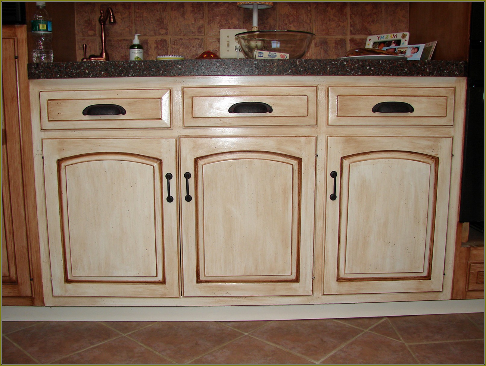 Distressed Beige Kitchen Cabinets