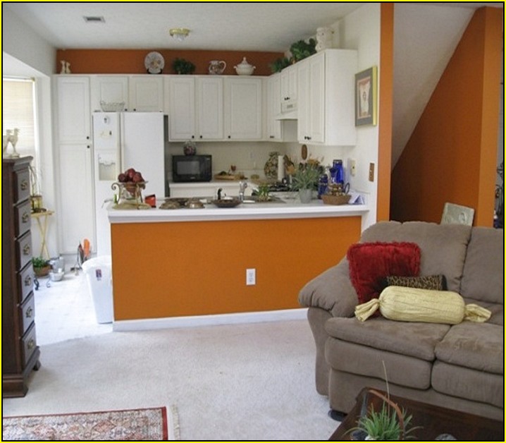 Kitchen With White Cabinets And Orange Walls
