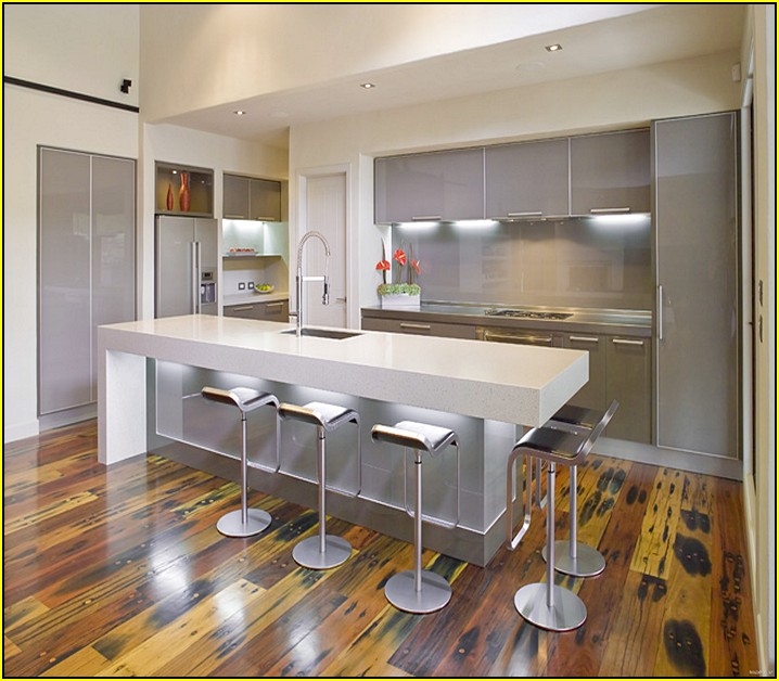 Modern Kitchen Islands With Seating For Five With Laminate Wooden Flooring And Grey Cabinets