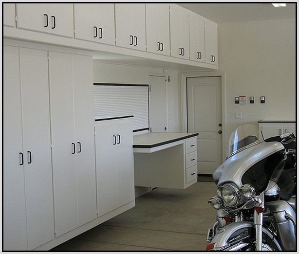 White Garage Cabinet Decoration With Big Motorcycle