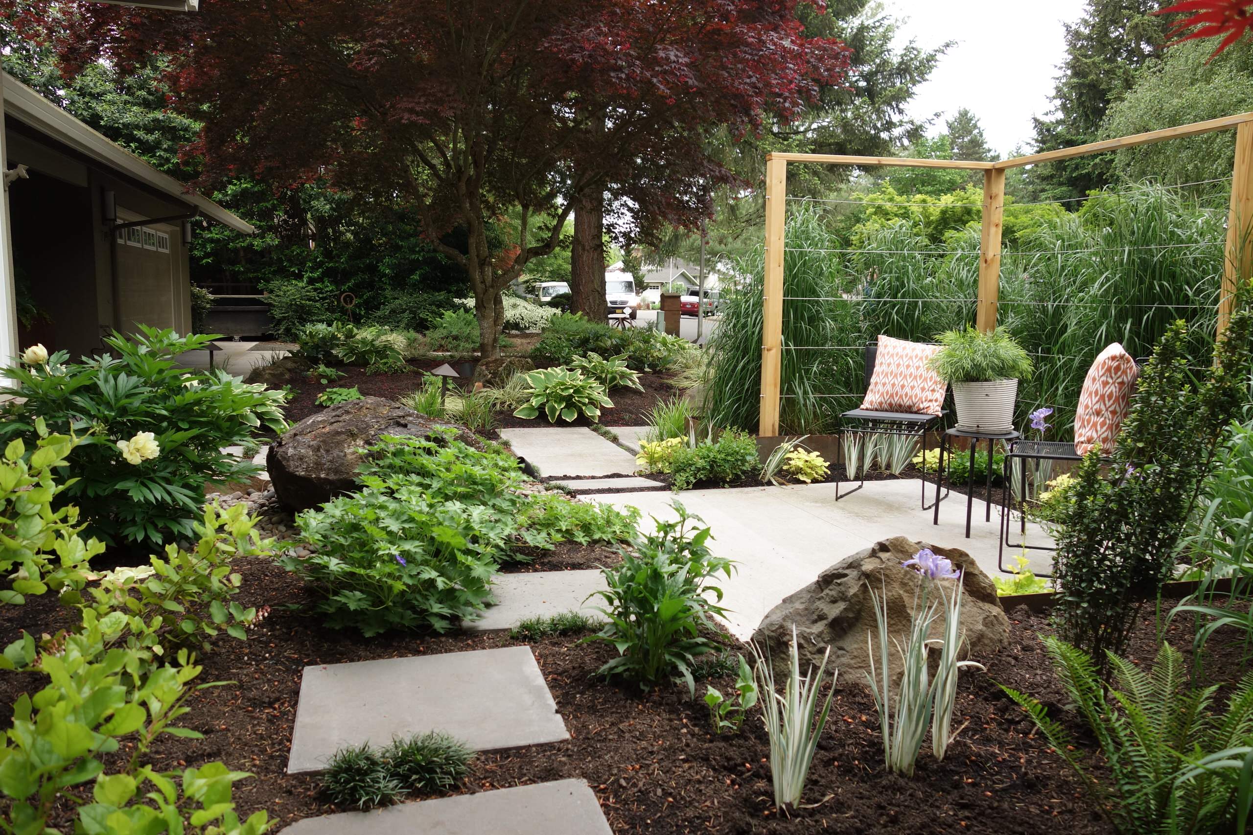 Contemporary garden featuring concrete stepping stones, Japanese maple trees, ornamental grasses, and modern seating area with coral pillows.
